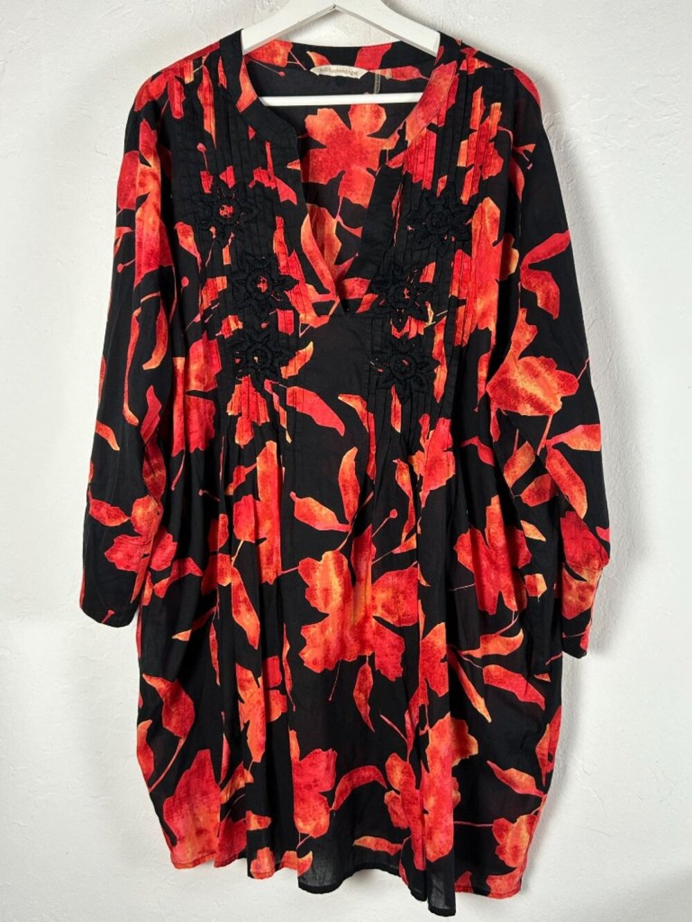 Soft Surroundings Womens Floral Embroidered Tunic Dress Black Red 3X Cotton Boho